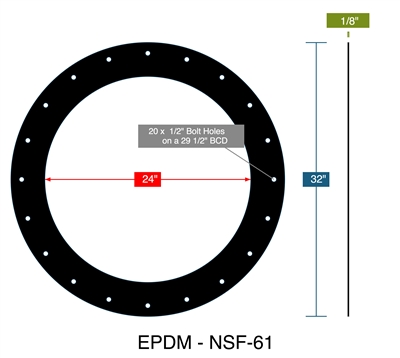 75 Duro EPDM NSF-61 FF Gasket - 1/8" Thick x 24" ID x 32" OD - 1/2" Bolt Holes