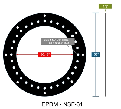 75 Duro EPDM NSF-61 Gasket - 1/8" Thick x 36.18" ID x 53" OD