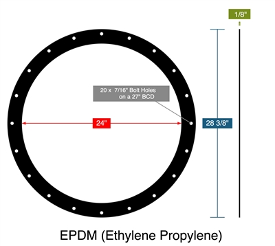 EPDM (Ethylene Propylene) -  1/8" Thick - Full Face Gasket - 24" ID - 28.375" OD - 20 x .4375" Holes on a 27" Bolt Circle Diameter