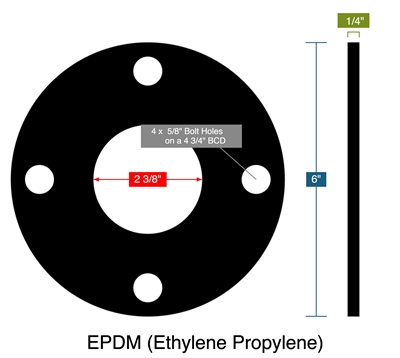 EPDM (Ethylene Propylene) - Full Face Gasket -  1/4" Thick - 2.375" ID - 6" OD - 4 x 0.625" Holes on a 4.75" Bolt Circle Diameter