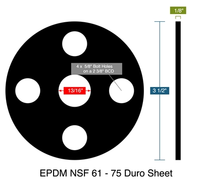EPDM NSF 61 - 75 Duro Sheet - Full Face Gasket -  1/8" Thick - 0.8125" ID - 3.5" OD - 4 x 0.625" Holes on a 2.375" Bolt Circle Diameter