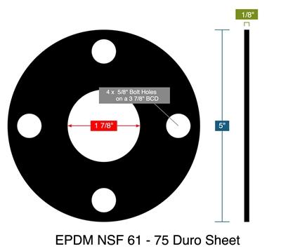EPDM NSF 61 - 75 Duro Sheet - Full Face Gasket -  1/8" Thick - 1.875" ID - 5" OD - 4 x 0.625" Holes on a 3.875" Bolt Circle Diameter