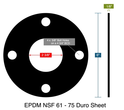 EPDM NSF 61 - 75 Duro Sheet -  1/8" Thick - Full Face Gasket - 150 Lb. - 2"