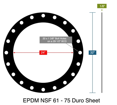 EPDM NSF 61 - 75 Duro Sheet -  1/8" Thick - Full Face Gasket - 150 Lb. - 24"