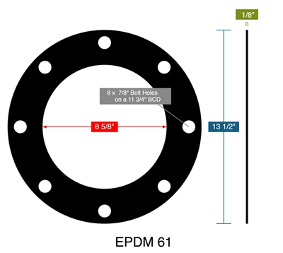 EPDM 61 -  1/8" Thick - Full Face Gasket - 150 Lb. - 8"