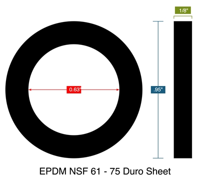 EPDM NSF 61 - 75 Duro Sheet -  1/8" Thick - Ring Gasket - .63" ID - .95" OD