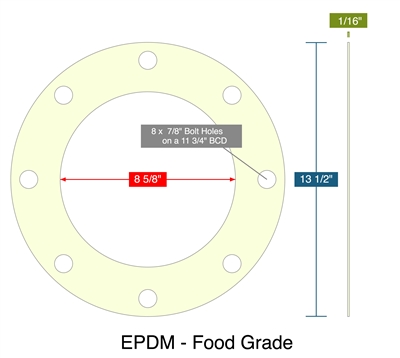 EPDM - Food Grade -  1/16" Thick - Full Face Gasket - 150 Lb. - 8"