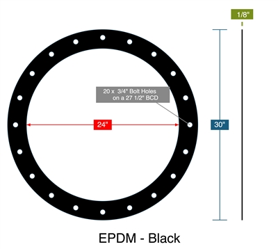 60 Duro EPDM Full Face Gasket - 1/8" Thick - 24" ID x 30"OD with (20) 3/4" BHs on a 27.5"BC