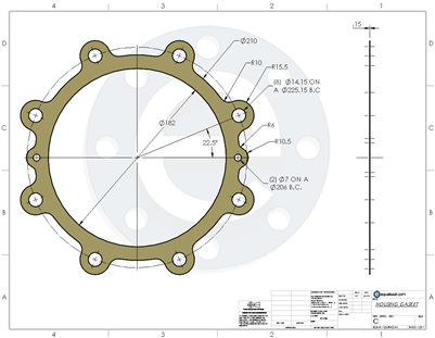 Equalseal EQ250 Vegetable Fiber - 0.15mm Thick - Full Face Gasket - 182mm ID - 256mm OD - 8 x 14mm Holes on a 225mm Bolt Circle Diameter Per Drawing