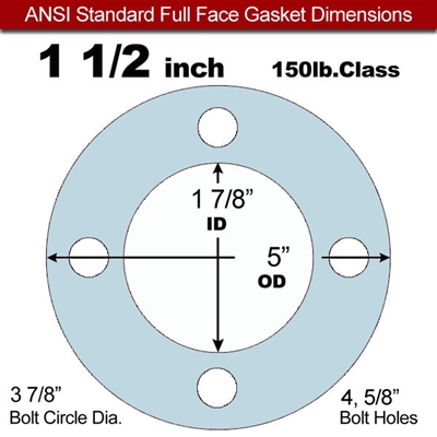 EQ 504 Full Face Gasket For Oxygen Service- 150 Lb. - 1/8" Thick - 1-1/2" Pipe