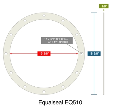 Equalseal EQ510 -  1/8" Thick - Full Face Gasket - 15.375" ID - 18.375" OD - 12 x .562" Holes on a 17.125" Bolt Circle Diameter