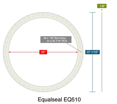 Equalseal EQ510 - Full Face Gasket -  1/8" Thick - 32" ID - 37.0625" OD - 48 x 0.875" Holes on a 35.4375" Bolt Circle Diameter