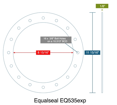 Equalseal EQ 535exp Custom Full Face Gasket - 8-15/16" ID x 11-15/16" OD x 1/8" Thick (16) 3/8" Holes On 10-5/16" BC