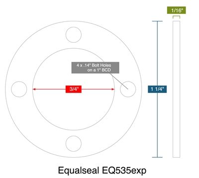 Equalseal EQ535exp -  1/16" Thick - Full Face Gasket - .75" ID - 1.25" OD - 4 x .14" Holes on a 1" Bolt Circle Diameter