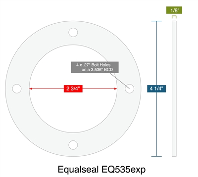 Equalseal EQ535exp - 1/8" Thick - Full Face Gasket - 2.75" ID - 4.25" OD - 4 x .27" Holes on a 3.536" Bolt Circle Diameter