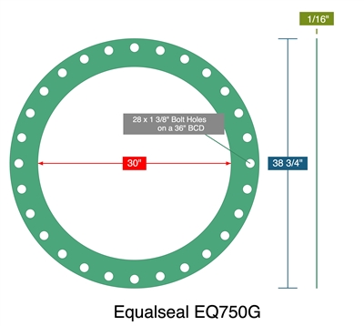Equalseal EQ750G - Full Face Gasket -  1/16" Thick - 30" ID - 38.75" OD - 28 x 1.375" Holes on a 36" Bolt Circle Diameter