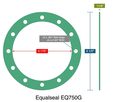 Equalseal EQ750G - Full Face Gasket -  1/16" Thick - 4.175" ID - 5.5" OD - 12 x .281" Holes on a 4.75" Bolt Circle Diameter