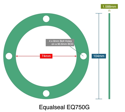 Equalseal EQ750G - Full Face Gasket - 1.59mm Thick - 74mm ID - 104mm OD - 4 x 8mm Holes on a 90.6mm Bolt Circle Diameter