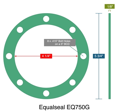 Equalseal EQ750G -  1/8" Thick - Full Face Gasket - 4.25" ID - 5.75" OD - 8 x .415" Holes on a 5" Bolt Circle Diameter