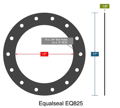Equalseal EQ825 -  1/8" Thick - Full Face Gasket - 12" ID - 17" OD - 14 x .75" Holes on a 15" Bolt Circle Diameter