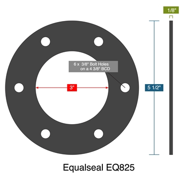 Equalseal EQ825 - Full Face Gasket -  1/8" Thick - 3" ID - 5.5" OD - 6 x .375" Holes on a 4.375" Bolt Circle Diameter