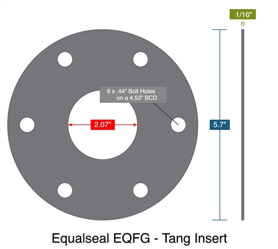 Equalseal EQFG - Tang Insert -  1/16" Thick - Full Face Gasket - 2.07" ID - 5.7" OD - 6 x .44" Holes on a 4.53" Bolt Circle Diameter