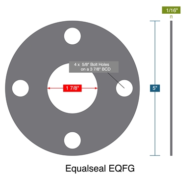 EQFG-SS - FF Gasket - 1-1/2" 150 lb -  1/16" Thick - 1.875" ID - 5" OD - 4 x 0.625" Holes on a 3.875" Bolt Circle Diameter