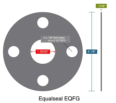 EQFG-SS - FF Gasket - 1-1/2" 300 lb -  1/16" Thick - 1.90625" ID - 6.125" OD - 4 x 0.875" Holes on a 4.5" Bolt Circle Diameter