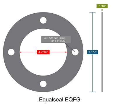 Equalseal EQFG with .002" Tang Insert - Full Face Gasket -  1/16" Thick - 4.4375" ID - 7.5" OD - 4 x .625" Holes on a 6" Bolt Circle Diameter