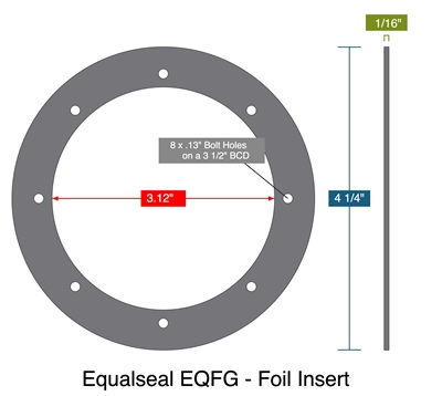 Equalseal EQFG - Foil Insert - Full Face Gasket -  1/16" Thick - 3.120" ID - 4.250" OD - 8 x .13" Holes on a 3.5" Bolt Circle Diameter