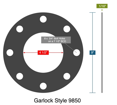 Garlock Style 9850 -  1/16" Thick - Full Face Gasket - 150 Lb. - 4"