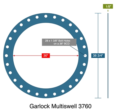 Garlock Multiswell 3760 -  1/8" Thick - Full Face Gasket - 150 Lb./150 Lb. Series A - 30"