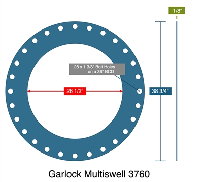 Garlock Multiswell 3760 -  1/8" Thick - Full Face Gasket - 26.5" ID - 38.75" OD - 28 x 1.375" Holes on a 36" Bolt Circle Diameter