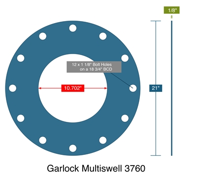 Garlock Multiswell 3760 - Full Face Gasket -  1/8" Thick - 10.702" ID - 21" OD - 12 x 1.125" Holes on a 18.75" Bolt Circle Diameter