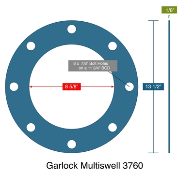 Garlock Multiswell 3760U - Full Face Gasket -  1/8" Thick - 150 Lb. - 8"