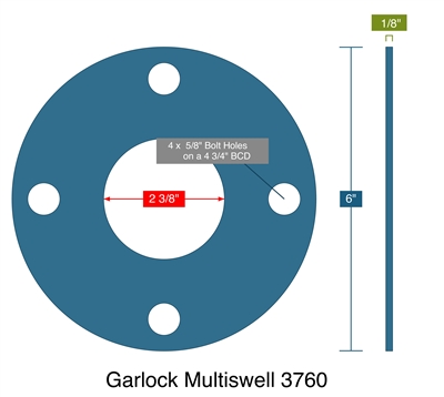 Garlock 3760 U NSF-61 - Full Face Gasket -  1/8" Thick - 2.375" ID - 6" OD - 4 x 0.625" Holes on a 4.75" Bolt Circle Diameter