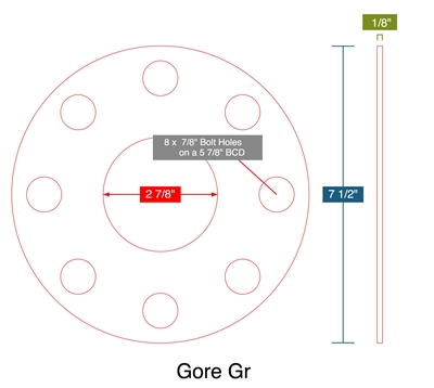 Gore Gr - Full Face Gasket -  1/8" Thick - 2.875" ID - 7.5" OD - 8 x 0.875" Holes on a 5.875" Bolt Circle Diameter