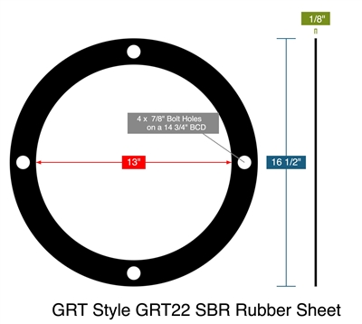 Garlock Style 22 SBR Rubber Sheet -  1/8" Thick - Full Face Gasket - Per Drawing #903027735 - 13" ID - 16.5" OD - 4 x .875" Holes on a 14.75" Bolt Circle Diameter