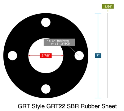 GRT Style GRT22 SBR Rubber Sheet - Full Face Gasket -  1/8" Thick - 150 Lb. - 2.5"