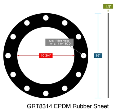 GRT8314 EPDM Rubber Sheet -  1/8" Thick - Full Face Gasket - 150 Lb. - 10"