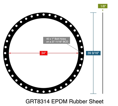 GRT8314 EPDM Rubber Sheet -  1/8" Thick - Full Face Gasket  (4 pc)- 150 Lb. Series B - 34"