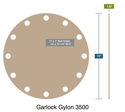 Garlock Gylon 3500 -  1/8" Thick - Full Face Gasket - 0" ID - 16" OD - 12 x 1" Holes on a 14.25" Bolt Circle Diameter