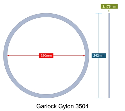 Garlock Gylon 3504 - 3.18mm Thick - Ring Gasket - 220mm ID - 242mm OD