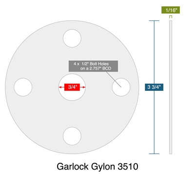 Garlock Gylon 3510 -  1/16" Thick - Full Face Gasket - .75" ID - 3.75" OD - 4 x .5" Holes on a 2.757" Bolt Circle Diameter