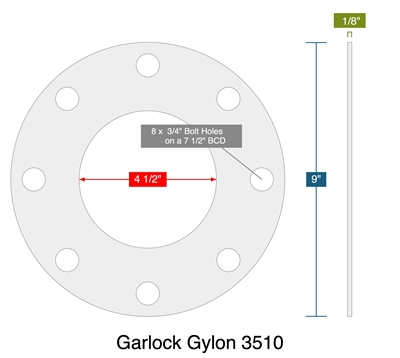 Garlock Gylon 3510 - Full Face Gasket -  1/8" Thick - 150 Lb - 4"