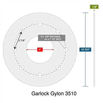 Garlock Gylon 3510 -  1/8" Thick - Full Face Gasket - 4" ID - 10.75" OD - 8 x .625" Holes on a 7.5" Bolt Circle Diameter