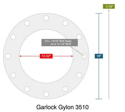 Garlock Gylon 3510 -  1/16" Thick - Full Face Gasket - Prer Drawing PFE1028300A -  10.02" ID - 16" OD - 12 x 0.9375" Holes on a 14.25" Bolt Circle Diameter