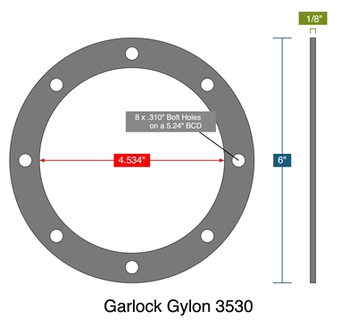 Garlock Gylon 3530 - Full Face HOUSING Gasket -  1/8" Thick - 4.534" ID - 6" OD - 8 x .31" Holes on a 5.24" Bolt Circle Diameter