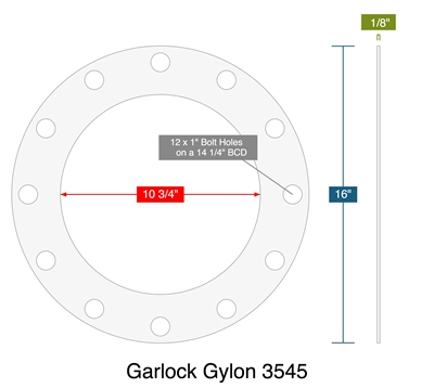Garlock Gylon 3545 - Full Face Gasket -  1/8" Thick - 10.75" ID - 16" OD - 12 x 1" Holes on a 14.25" Bolt Circle Diameter