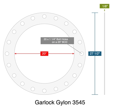 Garlock Gylon 3545 -  1/8" Thick - Full Face Gasket - 150 Lb. - 20"